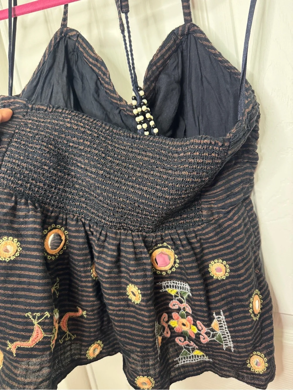 Free People navy and brown Embroidered Backless Halter Peplum Top